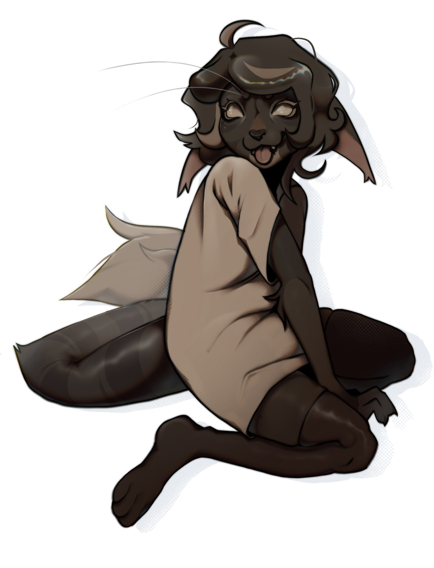 anthro claws clothing felid feline female footwear hi_res hyena kyjaanka legwear mammal silly sitting socks solo thigh_highs tongue tongue_out