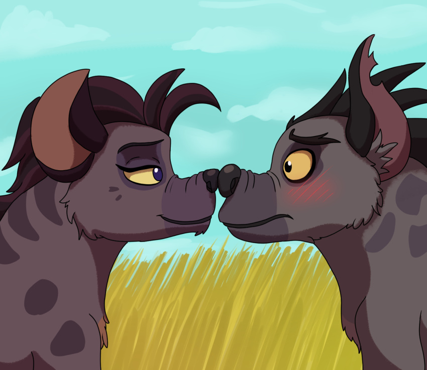 2024 blush blush_lines boop disney duo eye_contact female feral fur half-closed_eyes hi_res hyena janja_(the_lion_guard) jasiri_(the_lion_guard) leroy629 looking_at_another male mammal markings mouth_closed narrowed_eyes nose_boop notched_ear smile spots spotted_body spotted_fur the_lion_guard the_lion_king wide_eyed