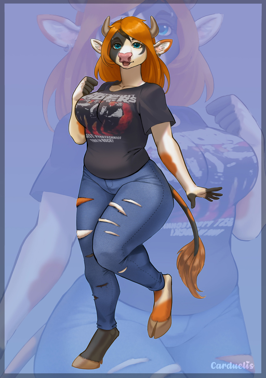 anthro big_breasts blowup_background bottomwear bovid bovine breasts carduelis cattle clothed clothing curvy_figure denim denim_bottomwear denim_clothing female fully_clothed hair hi_res hooves jeans mammal multicolored_body pants red_hair shirt simple_background solo t-shirt topwear