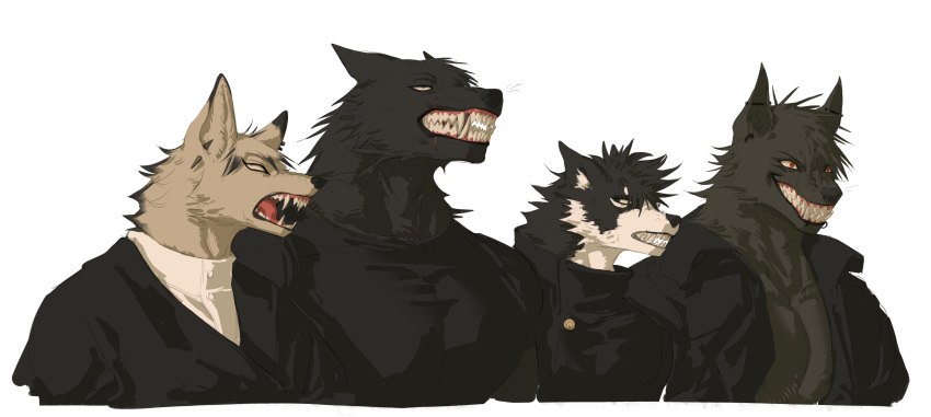 4boys absurdres animal_ears black_fur black_jacket blue_eyes body_fur brown_fur collared_jacket dog_boy dog_ears ear_piercing english_commentary fox_boy fox_ears furrification furry furry_male fushiguro_megumi fushiguro_touji grey_eyes grin high_collar highres iba_(kcokaine) jacket jujutsu_kaisen lip_piercing looking_at_viewer male_focus multiple_boys muscular muscular_male open_clothes open_jacket open_mouth original piercing red_eyes scar scar_on_face scar_on_mouth sharp_teeth simple_background skin_tight smile teeth toned toned_male upper_body white_background wolf_boy wolf_ears zen'in_naoya