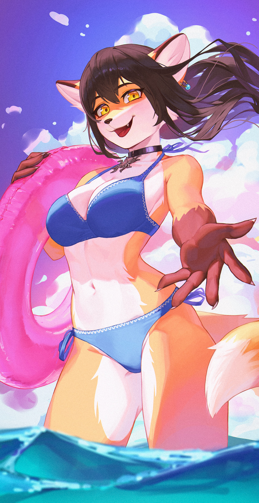 accessory anthro bikini brown_hair canid canine clothing cynthia_saito ear_piercing ear_ring female fox gesture hair hi_res jewelry looking_at_viewer mammal multicolored_body necklace orange_body piercing pinkerie ring_piercing sky smile solo swim_ring swimwear water welcoming white_body yellow_eyes