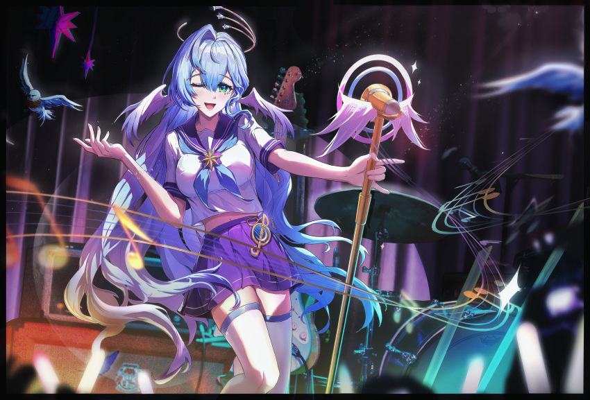 ;d absurdres aqua_eyes blue_hair blue_neckerchief commentary_request feet_out_of_frame female hair_intakes head_wings highres holding honkai:_star_rail honkai_(series) long_hair looking_at_viewer midriff miniskirt navel neckerchief one_eye_closed open_mouth purple_sailor_collar purple_skirt revision robin_(honkai:_star_rail) sailor_collar school_uniform serafuku shirt short_sleeves skirt smile solo standing thighhighs very_long_hair wangzili_shitoumen white_shirt white_thighhighs wings zettai_ryouiki