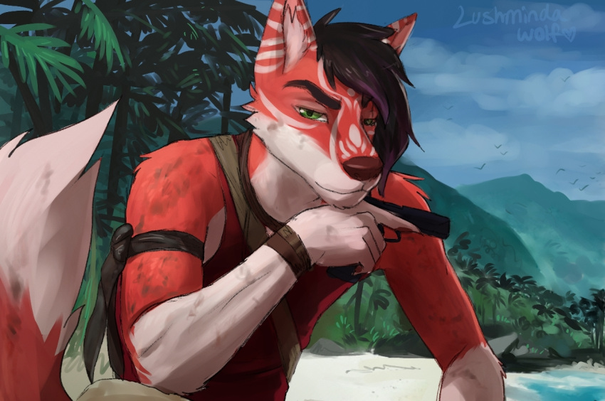 anthro armband beach bracelet canid canine clothing cloud eyebrows far_cry far_cry_3 fox fur gloves_(marking) green_eyes gun hair handgun island jewelry looking_at_viewer lushminda male male_anthro mammal markings mountain orange_body orange_fur outside plant ranged_weapon signature sky solo tail tree ubisoft vaas_montenegro water weapon white_body white_fur