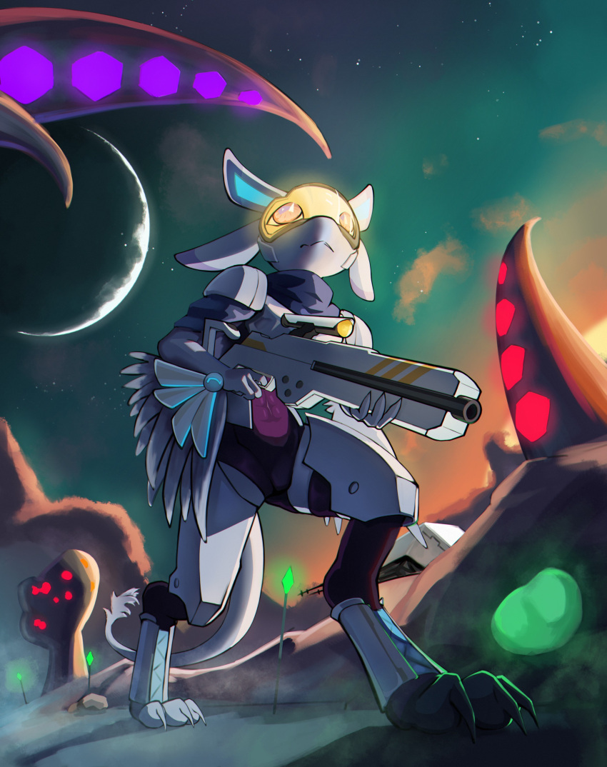 absurd_res alien anthro armor atmosphere atmospheric_perspective avali clothing cloud detailed_background explorer feathers female fungus glowing hi_res mushroom noconcession planet sky space spacecraft star suit sunset vehicle visor weapon