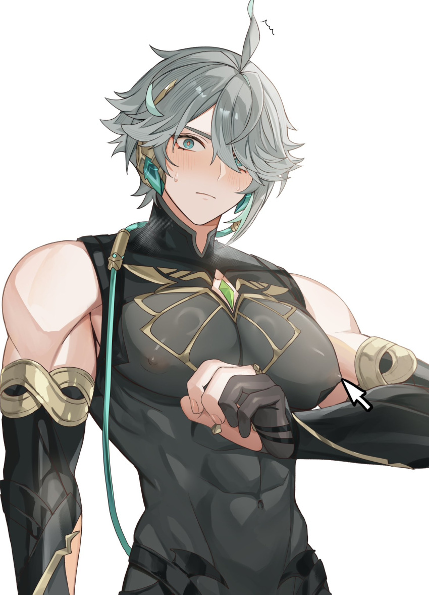 1boy abs alhaitham_(genshin_impact) alpaitham aqua_eyes black_shirt black_sleeves blush closed_mouth cursor genshin_impact gloves grey_hair hair_between_eyes hair_over_one_eye highres looking_at_viewer male_focus multicolored_hair muscular muscular_male nipples shirt short_hair solo white_background