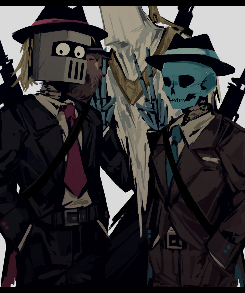 ambiguous_gender armor avian bird black_bars black_clothing black_suit blue_necktie bone brown_clothing brown_suit clothing fedora group hank_(ultrakill) hat headgear headwear helmet hi_res humanoid letterbox mysterious_druid_knight necktie new_blood_interactive not_furry owl owl_(ultrakill) red_necktie skeleton suit the_ferryman_(ultrakill) trio ultrakill volatilemask