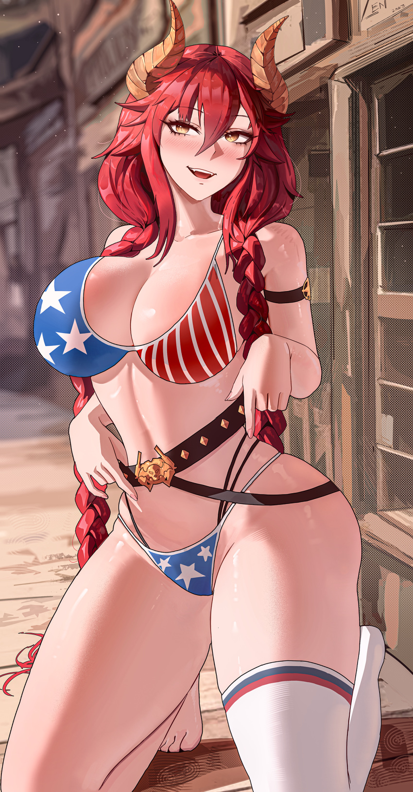 :d absurdres american_flag american_flag_bikini american_flag_print arm_strap belt bikini braid breasts brown_belt cleavage curvy dragon_girl dragon_horns english_commentary female flag_print highres horns jamesloves_art kneeling large_breasts light_particles long_hair looking_at_viewer navel open_mouth outdoors print_bikini red_hair single_thighhigh smile solo swimsuit teeth thighhighs twin_braids upper_teeth_only very_long_hair virtual_youtuber vshojo white_thighhighs yellow_eyes zentreya zentreya_(cowboy_bikini) zentreya_(dragon)