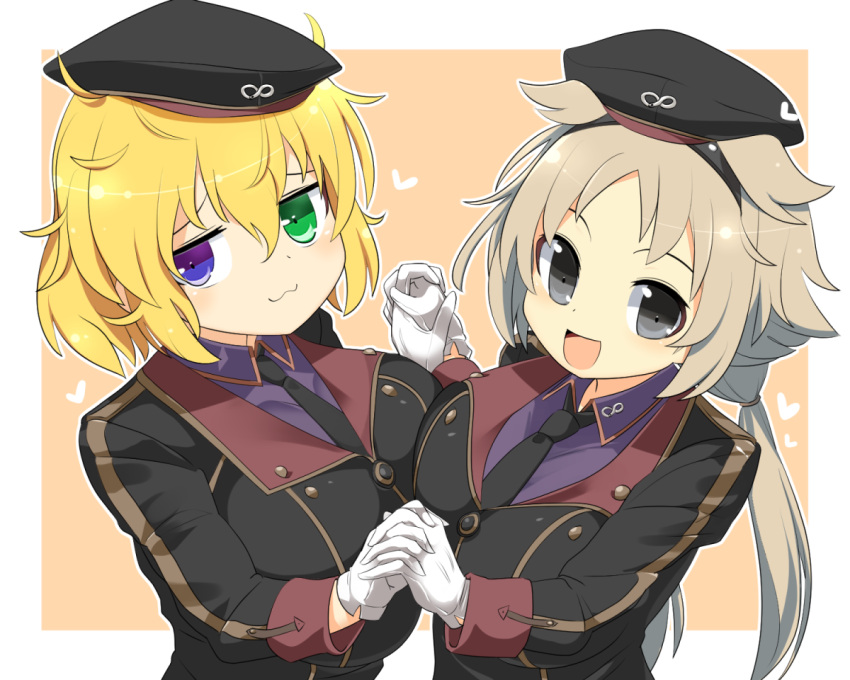 2girls :3 black_eyes black_hairband black_hat black_jacket black_necktie blonde_hair blush breast_press breasts closed_mouth collared_shirt commentary_request gloves green_eyes hair_between_eyes hairband hat heart heterochromia holding_hands ibuki_(senran_kagura) indian_style interlocked_fingers jacket large_breasts lets0020 light_brown_hair long_bangs long_hair looking_at_viewer low_twintails medium_bangs messy_hair military_hat military_uniform multiple_girls necktie open_mouth purple_eyes purple_shirt ryouna_(senran_kagura) senran_kagura shirt short_hair sitting smile symmetrical_docking twintails uniform upper_body white_gloves