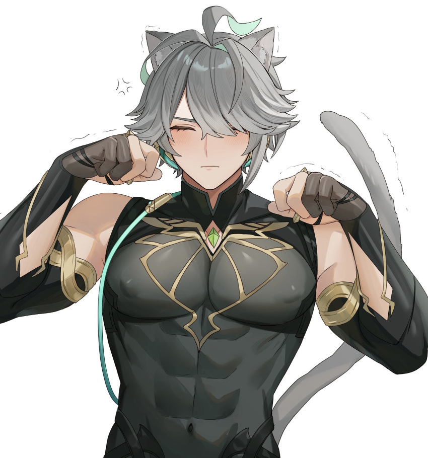 1boy abs alhaitham_(genshin_impact) alpaitham animal_ears black_shirt black_sleeves cat_boy cat_ears cat_tail closed_eyes genshin_impact gloves grey_hair grey_tail hair_between_eyes hair_over_one_eye hands_up highres male_focus multicolored_hair muscular muscular_male navel nyan shirt short_hair solo tail white_background