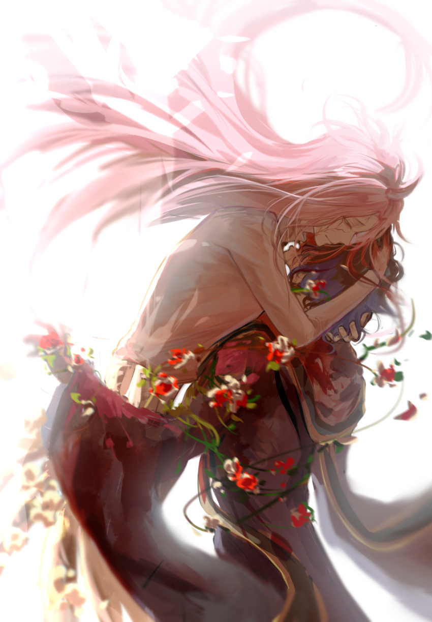 2boys blood blood_in_hair blood_on_clothes blood_on_face blue_hair chinese_commentary closed_mouth commentary_request flower hatsutori_hajime highres hua_(qingmeiranshuangxue) long_hair long_sleeves male_focus multiple_boys open_mouth pink_hair red_eyes rose saibou_shinkyoku shirt short_hair smile spoilers utsugi_noriyuki white_flower white_rose white_shirt wide_sleeves