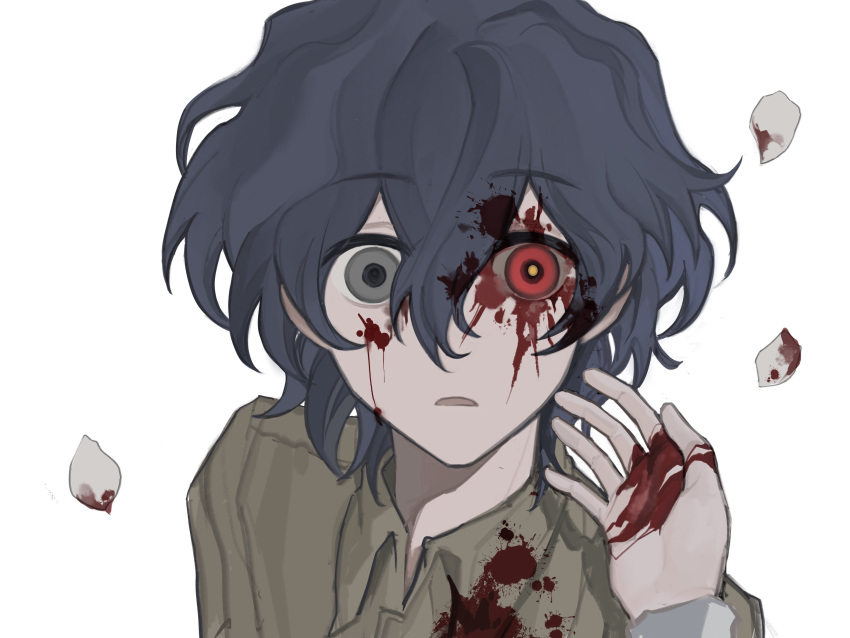 2boys absurdres blood blood_in_hair blood_on_clothes blood_on_face blood_on_hands blue_hair bright_pupils brown_shirt chinese_commentary collared_shirt commentary_request dark_blue_hair falling_petals grey_eyes hair_between_eyes hatsutori_hajime heterochromia highres long_sleeves male_focus mismatched_pupils multiple_boys open_mouth out_of_frame petals red_eyes saibou_shinkyoku shirt short_hair simple_background solo_focus utsugi_noriyuki white_background xian_yue yellow_pupils