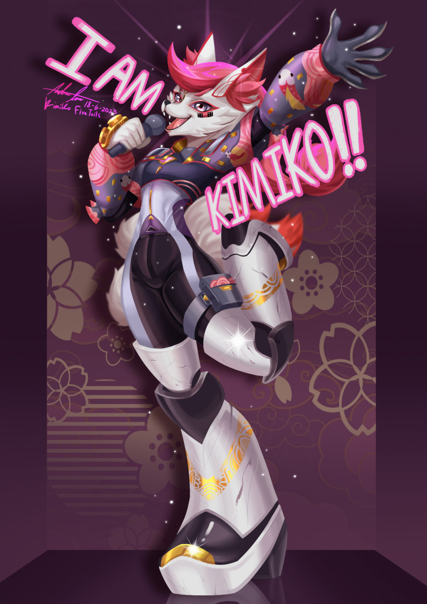 anthro bandage bandage_on_face canid canine clothing damaged_clothing electronics epic_games eye_scar facial_scar female fortnite fox fur gloves hair handwear hi_res kimiko_five-tails mammal microphone pink_body pink_clothing pink_eyes pink_fur pink_hair ponytail scar solo text tight_clothing white_body white_fur your_pal_alywoo