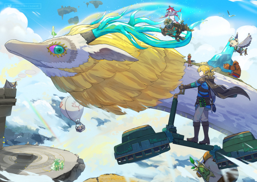 aircraft champion's_tunic_(zelda) floating_island flying ghost highres hot_air_balloon hsin korok light_dragon_(zelda) link midair mineru_(zelda) princess_zelda purah rainbow rauru_(tears_of_the_kingdom) riding riju sheikah sidon spines the_legend_of_zelda the_legend_of_zelda:_tears_of_the_kingdom tulin_(zelda) yunobo zonai zonai_device