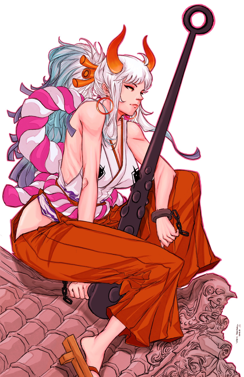 absurdres aqua_hair breasts club_(weapon) cuffs earrings eyelashes female geta hair_ornament hair_stick hakama hakama_pants handcuffs highres hip_vent hoop_earrings horns japanese_clothes jewelry kanabou kimono large_breasts long_hair multicolored_hair on_roof one_piece pants ponytail red_hakama red_horns rope shimenawa simple_background sitting sitting_on_roof sleeveless sleeveless_kimono tile_roof von_randal weapon white_background white_hair white_kimono yamato_(one_piece) yellow_eyes