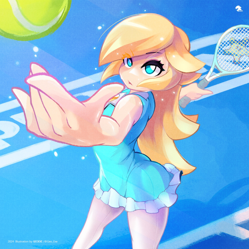 artist_logo bare_arms blonde_hair blue_eyes female geoexe highres long_hair mario_(series) mario_tennis mario_tennis_aces pantyhose parted_lips racket rosalina solo standing star_(symbol) tennis_racket white_pantyhose