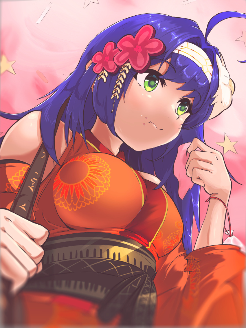 absurdres ahoge bare_shoulders breasts closed_mouth female fire_emblem fire_emblem:_path_of_radiance fire_emblem_heroes food food_on_face green_eyes hairband highres japanese_clothes keldancon kimono mask mask_on_head mia_(fire_emblem) mia_(yukata)_(fire_emblem) official_alternate_costume purple_hair solo star_(symbol) upper_body white_hairband yukata