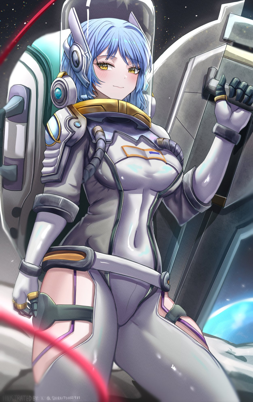 astronaut blue_hair bodysuit breasts cleavage girls'_frontline headphones helmet highres leotard long_hair medium_breasts shiraitoart983 skin_tight solo space space_helmet tar-21_(girls'_frontline) white_bodysuit yellow_eyes