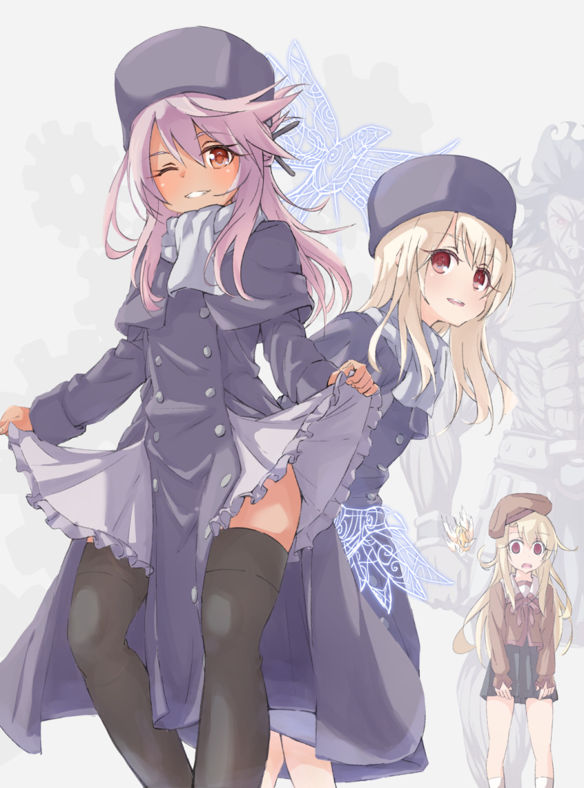 1boy 3girls beret black_skirt black_thighhighs blonde_hair brown_eyes brown_hat brown_shirt capelet chloe_von_einzbern coat commentary_request cosplay dark-skinned_female dark_skin dual_persona empty_eyes fate/kaleid_liner_prisma_illya fate/stay_night fate_(series) feet_out_of_frame fur_hat grey_skirt grin hair_between_eyes hair_bun hair_ornament hairpin half_updo hat heracles_(fate) highres homurabara_academy_school_uniform hore_(user_frns7872) illyasviel_von_einzbern illyasviel_von_einzbern_(cosplay) long_hair long_sleeves looking_at_viewer magical_ruby multiple_girls muscular muscular_male neck_ribbon one_eye_closed open_mouth papakha partial_commentary pink_hair purple_capelet purple_coat purple_hat red_ribbon ribbon scarf school_uniform shirt sidelocks single_hair_bun skirt skirt_hold smile socks standing thighhighs white_scarf white_socks