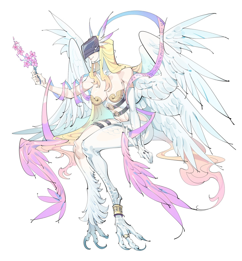 alternate_design angel angel_wings angewomon armor bare_shoulders blonde_hair bodysuit breastplate breasts clothing_cutout covered_eyes digimoji digimon digimon_(creature) feathered_wings female full_body harpy helmet helmet_over_eyes highres large_breasts long_hair monster_girl multiple_wings navel pink_ribbon ribbon simple_background smile solo stomach_cutout white_background white_bodysuit white_wings winged_helmet wings zocehuy