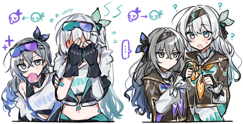 ... 2girls ? alternate_costume alternate_hairstyle black_gloves black_hairband black_jacket blowing_bubbles blue_hair blue_neckerchief blush bow bridal_gauntlets chibi chibi_inset closed_mouth collared_shirt commentary cosplay crop_top cropped_jacket emne eyewear_on_head fingerless_gloves firefly_(honkai:_star_rail) firefly_(honkai:_star_rail)_(cosplay) gloves gradient_hair grey_eyes grey_hair hair_between_eyes hair_intakes hair_ribbon hairband hairbow hands_up heart heart_hands heart_hands_failure honkai:_star_rail honkai_(series) jacket long_hair long_sleeves looking_at_another looking_at_viewer midriff multicolored_hair multiple_girls multiple_views navel neckerchief open_mouth orange_neckerchief ponytail ribbon shirt sidelocks silver_wolf_(honkai:_star_rail) silver_wolf_(honkai:_star_rail)_(cosplay) simple_background single-shoulder_shirt single_bridal_gauntlet spoken_ellipsis stomach sunglasses sweatdrop two-tone_eyes upper_body white_background white_shirt