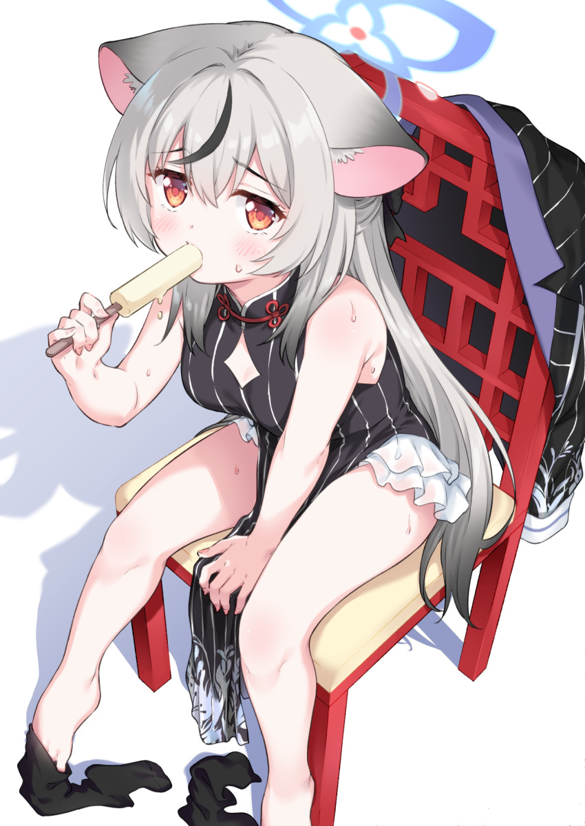 animal_ear_fluff animal_ears bare_arms bare_legs bare_shoulders barefoot black_dress black_hair blue_archive blue_halo blush bow breasts china_dress chinese_clothes diamond_cutout dress female food full_body grey_hair hair_between_eyes hair_ornament halo highres holding holding_food kokona_(blue_archive) long_hair looking_at_viewer multicolored_hair pelvic_curtain popsicle simple_background sitting sleeveless sleeveless_dress solo streaked_hair striped_clothes striped_dress sweat takoyaki_(takoyaki-batake) thighs tiger_ears tiger_girl two-tone_hair vertical-striped_clothes vertical-striped_dress very_long_hair white_background