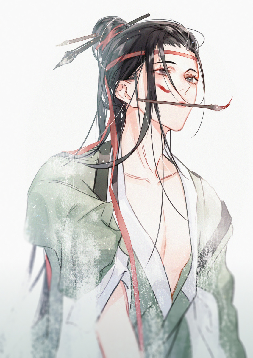 1boy absurdres azha8 bishounen black_hair chinese_clothes collarbone eyelashes green_robe hair_bun hair_ornament hair_pulled_back hair_stick hanfu headband highres jiangnan_baijingtu lips long_hair looking_up male_focus mouth_hold paint_splatter paint_splatter_on_face paintbrush paintbrush_hair_ornament pectoral_cleavage pectorals plunging_neckline red_headband robe shen_zhou_(jiangnan_baijingtu) simple_background single_hair_bun sleeves_rolled_up solo upper_body white_background