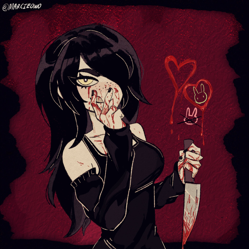 :q bent_v black_border black_hair black_nails black_tank_top blood blood_on_arm blood_on_chest blood_on_face blood_on_hands blood_on_knife blood_on_neck blush border breasts bright_pupils closed_mouth commentary detached_sleeves english_commentary female freckles hair_over_one_eye heart highres holding holding_knife julia_(the_coffin_of_andy_and_leyley) kitchen_knife knife long_hair long_sleeves looking_at_viewer marcieowo medium_breasts nail_polish red_background reverse_grip sleeves_past_wrists smile solo tank_top the_coffin_of_andy_and_leyley tongue tongue_out twitter_username upper_body v v_over_mouth white_pupils yandere yellow_eyes