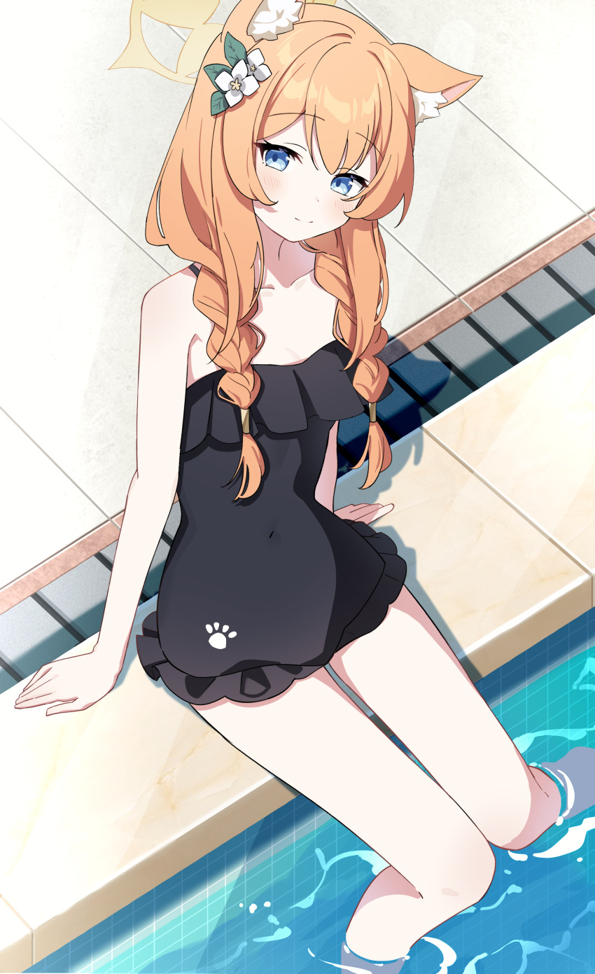 absurdres animal_ears black_one-piece_swimsuit blue_archive blush braid closed_mouth collarbone commentary comorebi female flat_chest flower hair_flower hair_ornament halo highres looking_at_viewer mari_(blue_archive) mari_(swimsuit)_(blue_archive) official_alternate_costume one-piece_swimsuit orange_hair pool sitting smile solo swimsuit symbol-only_commentary twin_braids water white_flower yellow_halo