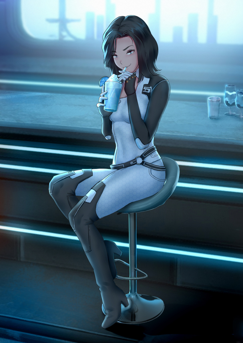 absurdres backlighting bar_stool belt black_footwear black_hair blurry blurry_background bodysuit boots breasts cup drink drinking_glass drinking_straw female full_body grey_eyes highres holding holding_cup iskanderednaksi looking_at_viewer mass_effect_(series) medium_breasts medium_hair miranda_lawson o-ring o-ring_belt sitting skin_tight solo stool tight_clothes white_bodysuit