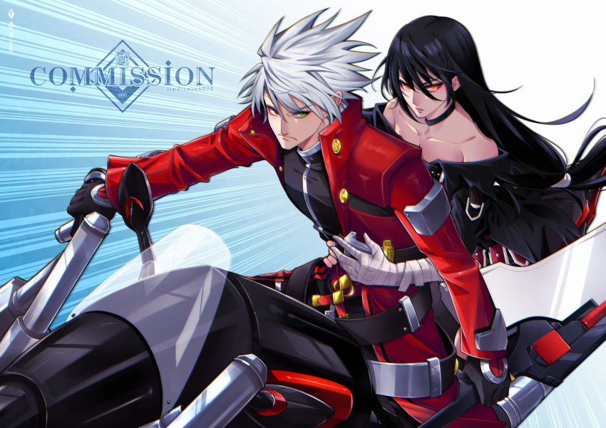 1boy absurdres ahoge artist_name bandaged_arm bandages black_cape black_choker black_hair blazblue breasts cape choker cleavage collarbone commission female gloves green_eyes hair_between_eyes heterochromia highres jacket jindianjun000 long_hair motor_vehicle motorcycle on_motorcycle ragna_the_bloodedge red_eyes red_jacket tales_of_(series) tales_of_berseria velvet_crowe very_long_hair white_hair yellow_eyes