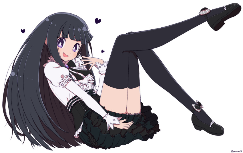 :d ankle_bow ankle_strap black_bow black_bowtie black_footwear black_hair black_nails black_skirt black_thighhighs blush bow bowtie breasts bright_pupils center_frills commentary female fingernails frilled_shirt frilled_skirt frills from_side full_body gem gems_company grey_bow hand_up hase_mikoto head_tilt heart highres juliet_sleeves knees_up layered_skirt leg_up long_hair long_sleeves looking_at_viewer looking_to_the_side miniskirt nail_polish open_mouth plantar_flexion pleated_skirt puffy_sleeves purple_eyes purple_gemstone shirono shirt shoes sidelocks sideways_glance simple_background sitting skirt skirt_tug small_breasts smile solo striped_bow thighhighs turning_head twitter_username underbust very_long_hair virtual_youtuber white_background white_pupils white_shirt