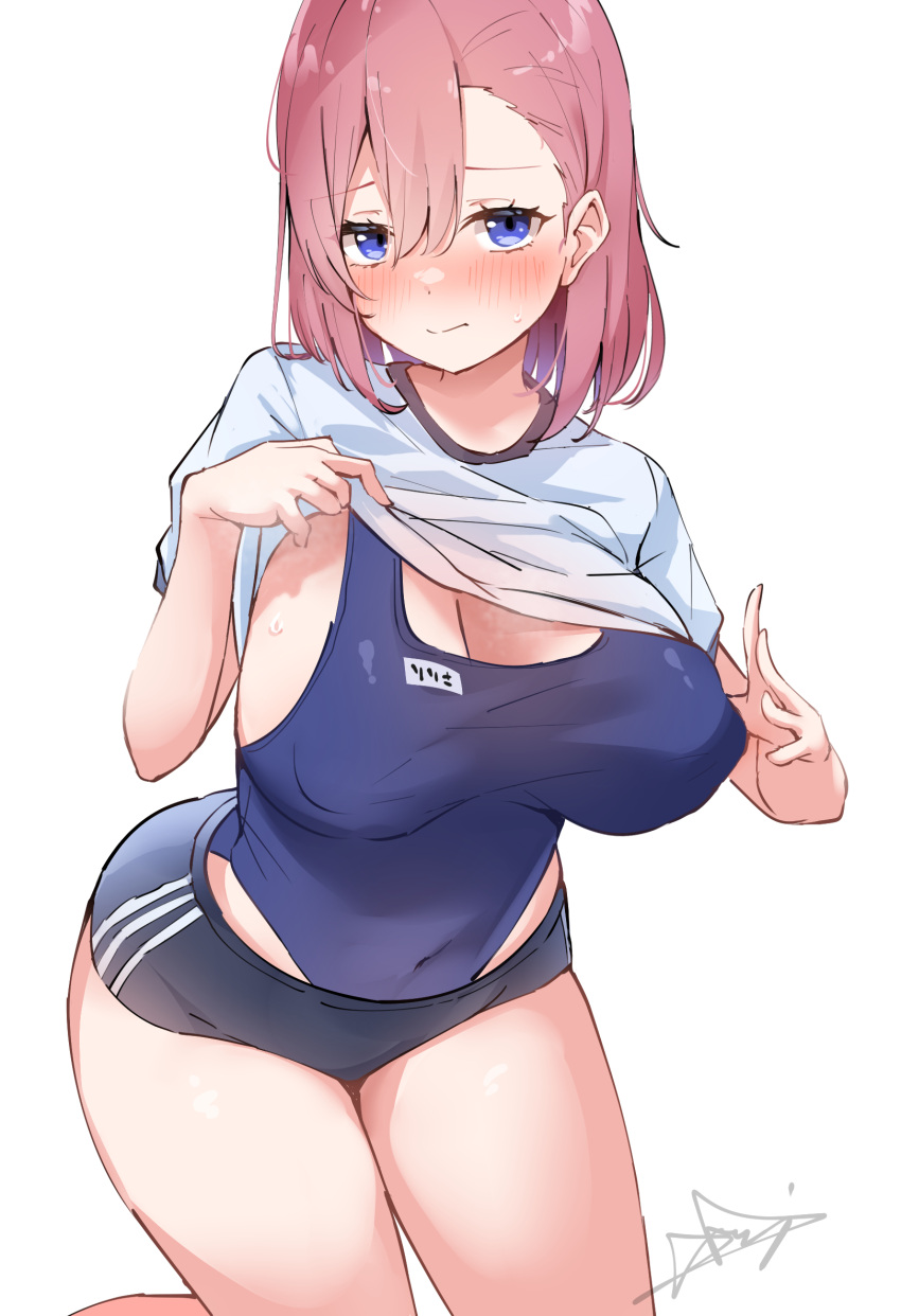 2.5_jigen_no_ririsa amano_ririsa blue_buruma blush breasts buruma closed_mouth clothes_lift commentary_request covered_navel covered_nipples female gym_uniform hair_between_eyes highres huge_breasts lifting_own_clothes looking_at_viewer medium_hair no_eyewear pink_hair purple_eyes school_swimsuit shirt shirt_lift short_sleeves signature simple_background solo sweat swimsuit swimsuit_under_clothes thighs white_background white_shirt xlyami