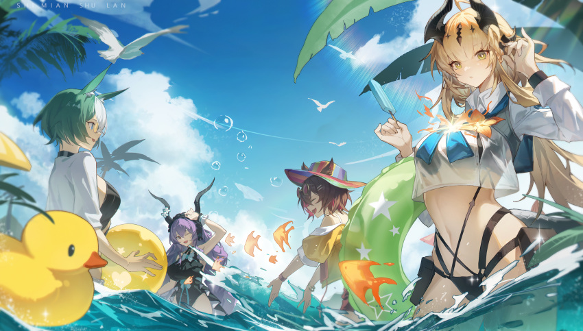 4girls absurdres animal_ears arknights ball beachball bikini bird black_bikini black_horns black_one-piece_swimsuit blonde_hair blue_sky brown_hair catapult_(arknights) catapult_(holiday)_(arknights) closed_mouth crop_top cropped_shirt dragon_girl dragon_horns eyewear_on_head food green_hair hair_ornament hairclip hat highres holding holding_food holding_popsicle horns horse_ears horse_girl innertube jacket long_hair looking_at_viewer madao multicolored_hat multiple_girls official_alternate_costume one-piece_swimsuit one_eye_closed outdoors popsicle proviso_(arknights) proviso_(holiday)_(arknights) purple_hair reed_(arknights) reed_the_flame_shadow_(arknights) reed_the_flame_shadow_(summer_flowers)_(arknights) rubber_duck see-through shirt short_hair simple_fish sky smile stomach swim_ring swimsuit typhon_(arknights) typhon_(temperature_difference)_(arknights) wading water white_shirt yellow_eyes yellow_jacket