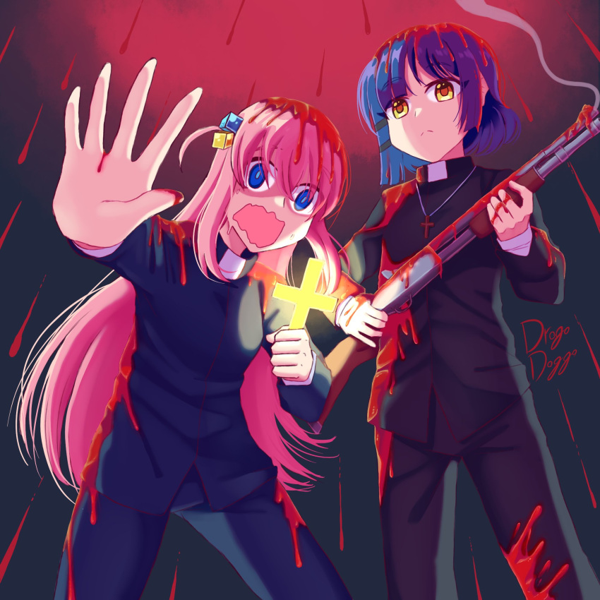 2girls :< artist_name blood blood_drip blood_in_hair blood_on_clothes blood_on_gun blood_on_hands blood_on_weapon blowing_smoke blue_eyes blue_hair bocchi_the_rock! cassock closed_mouth commentary commission cross cross_necklace cube_hair_ornament dilated_pupils drogo_doggo english_commentary faith_(game) from_below frown gotoh_hitori gun hair_ornament highres holding holding_cross holding_gun holding_weapon jewelry kid_holding_cross_(meme) long_bangs long_hair looking_at_viewer meme mixed-language_commentary multiple_girls necklace nervous one_side_up open_mouth outstretched_arm parody pink_hair portuguese_commentary priest raining_blood scared shaded_face short_hair shotgun split_mouth weapon yamada_ryo yellow_eyes