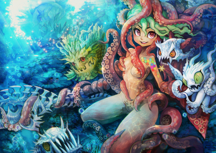 2girls :3 air_bubble breasts bubble cleavage colored_sclera colored_skin commentary_request consensual_tentacles coral cropped_legs deka-nabe eel familiar fangs fangs_out fish green_eyes green_hair green_sclera green_skin groin hand_to_own_mouth holding holding_staff holding_star horns long_hair looking_at_viewer magic medium_breasts monster_girl multicolored_skin multiple_girls no_nipples no_pussy open_mouth orange_eyes orange_sclera original red_eyes red_skin smile staff star_(symbol) suction_cups tentacle tentacle_girl underwater upper_body yellow_eyes yellow_sclera