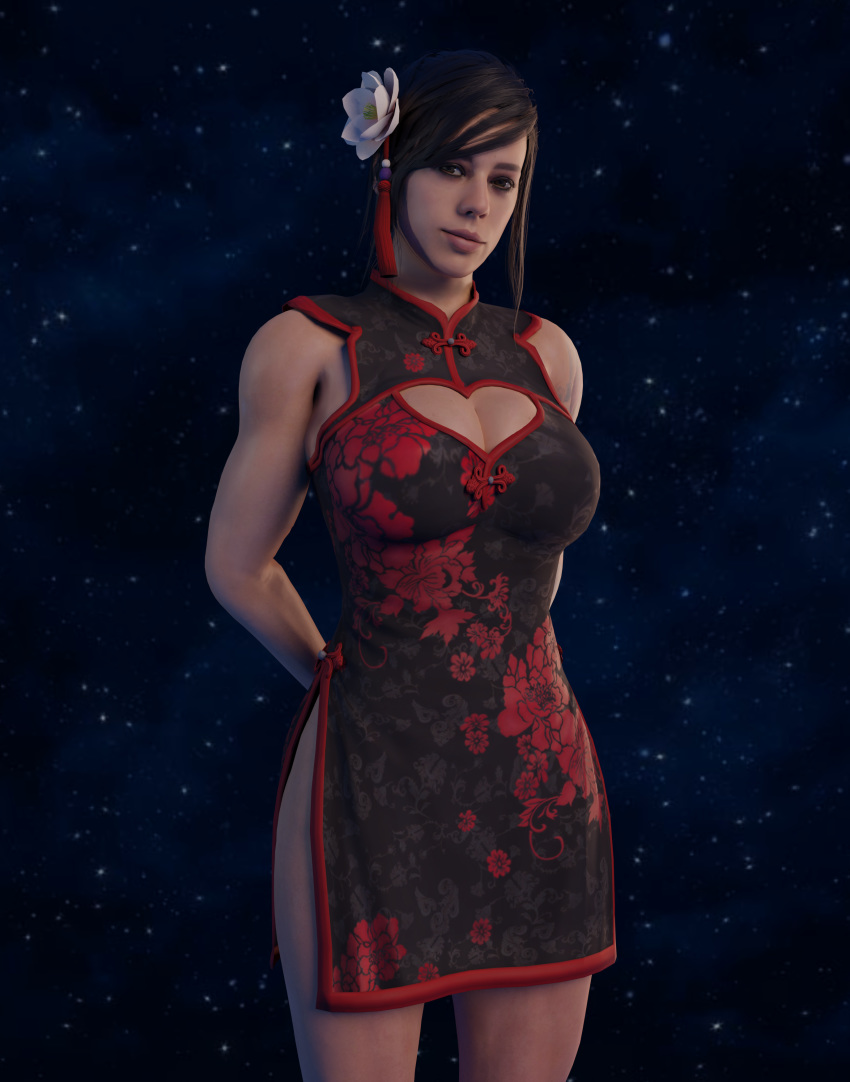 1girls 3d activision big_breasts black_hair breasts brown_eyes call_of_duty china_dress chinese_clothes chinese_dress cleavage emberstock female female_only flower_in_hair fully_clothed hands_behind_back large_breasts mara_(cod) muscular muscular_female side_slit smile solo solo_female thighs video_games