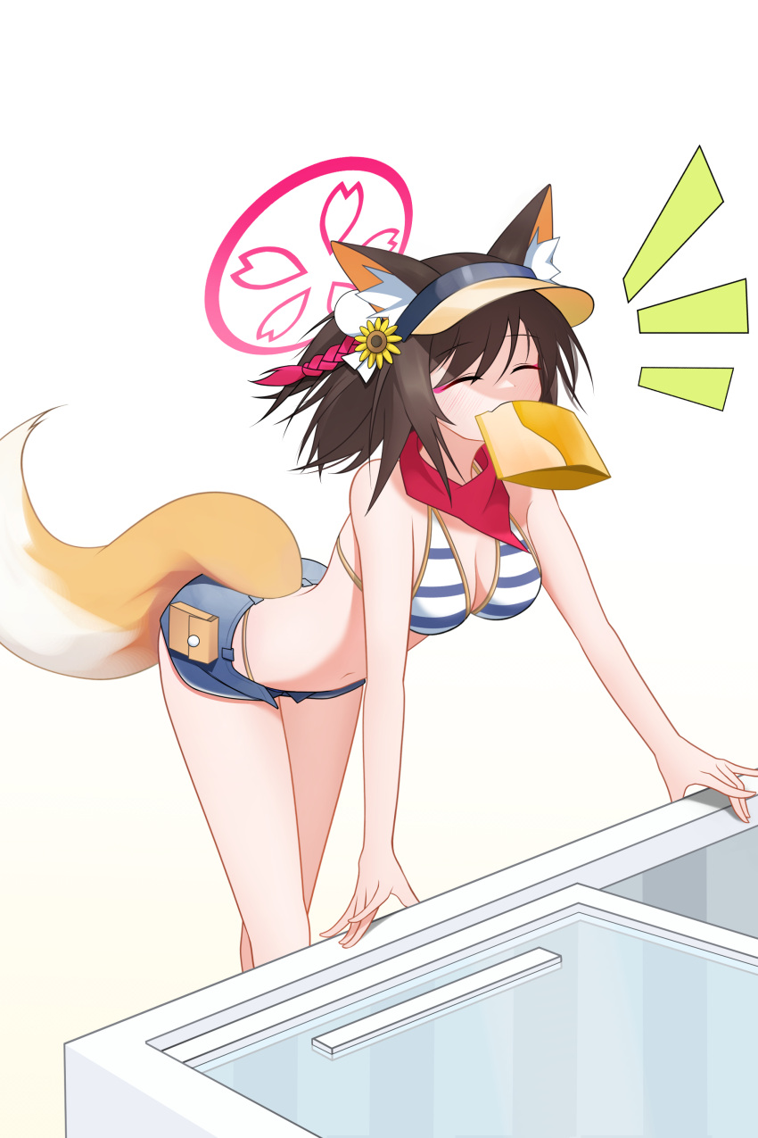 ^_^ absurdres animal_ears arm_support ass bent_over bikini black_hair blue_archive breasts cleavage closed_eyes commentary_request epitaph_(ryaf8834) eyeshadow female fox_ears fox_girl fox_tail hair_between_eyes hair_ornament halo happy highres izuna_(blue_archive) izuna_(swimsuit)_(blue_archive) looking_away makeup md5_mismatch medium_hair mouth_hold navel official_alternate_costume package pink_halo red_scarf refrigerator scarf short_shorts shorts sidelocks simple_background sleeveless smile solo stomach striped_bikini striped_clothes swimsuit tail visor_cap