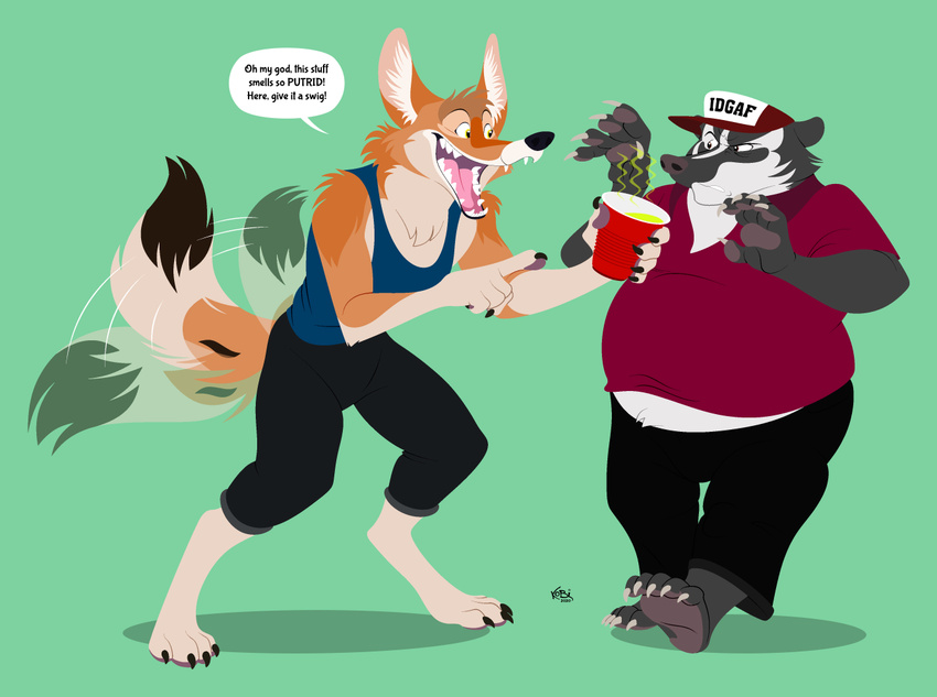 2020 anthro badger beverage canid canine canis clothing collared_shirt coyote disgust duo english_text fur kobi_lacroix male mammal mustelid musteline open_mouth overweight overweight_male red_solo_cup shirt smile stink_fumes stink_lines tail tail_motion tailwag tank_top text topwear trucker_hat