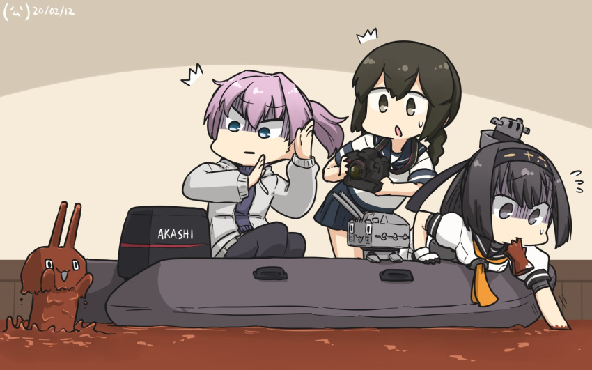 2others 3girls ^^^ ahoge akizuki_(kancolle) alternate_costume black_eyes black_hair black_pants black_sailor_collar black_sweater blue_eyes blue_sailor_collar blue_skirt braid camera chocolate chou-10cm-hou-chan commentary_request dated flying_sweatdrops gloves grey_eyes grey_jacket hachimaki hair_between_eyes hamu_koutarou headband highres inflatable_boat isonami_(kancolle) jacket kantai_collection mouth_hold multiple_girls multiple_others neckerchief one-hour_drawing_challenge pants pleated_skirt ponytail purple_hair sailor_collar school_uniform serafuku shaded_face shiranui_(kancolle) short_hair sidelocks skirt sweater unworn_gloves yellow_neckerchief