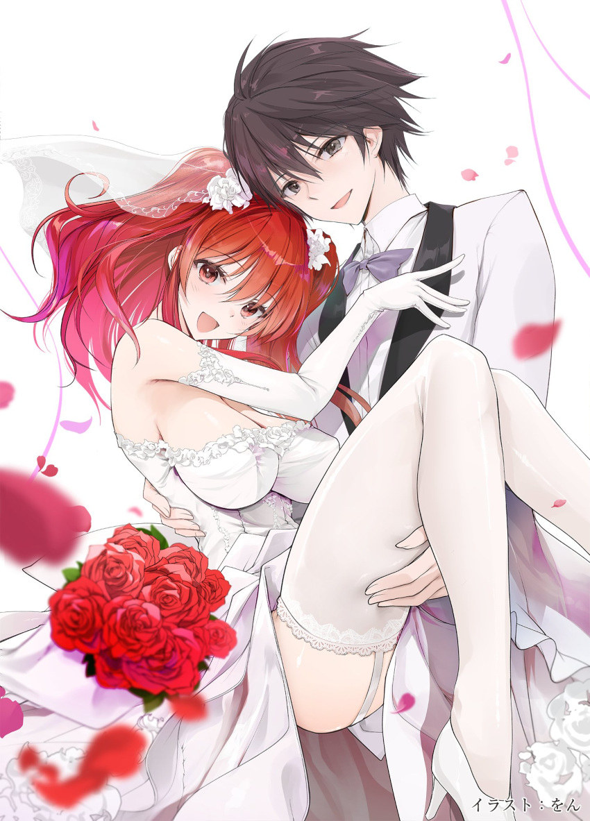 1boy :d black_hair bouquet bow bowtie breasts bridal_veil bride brown_eyes carrying cleavage commentary_request dress elbow_gloves female flower garter_belt gloves groom hand_on_another's_chest high_heels highres kurogane_ikki lace-trimmed_thighhighs large_breasts novel_illustration official_art petals princess_carry purple_bow purple_bowtie rakudai_kishi_no_cavalry red_eyes red_flower red_hair red_rose rose second-party_source smile stella_vermillion thighhighs tuxedo veil wedding wedding_dress white_footwear white_gloves white_thighhighs won_(az_hybrid)