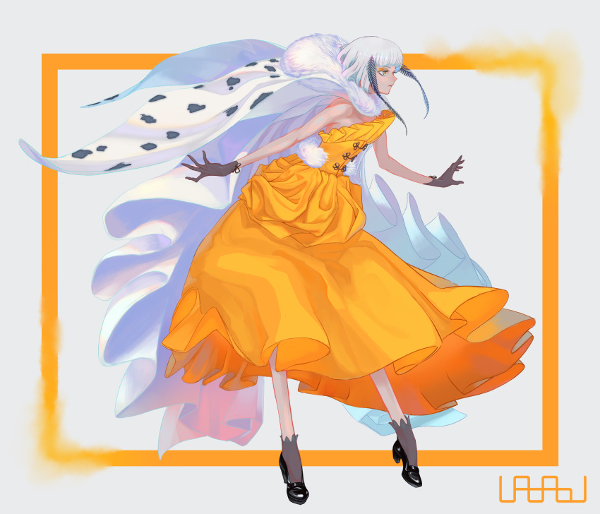 arthropod_girl black_footwear black_gloves cape dress eyeshadow female full_body fur_cape gloves grey_background highres long_hair makeup moth_antennae moth_girl orange_dress orange_eyeshadow original profile shoes solo standing uaaaou white_hair