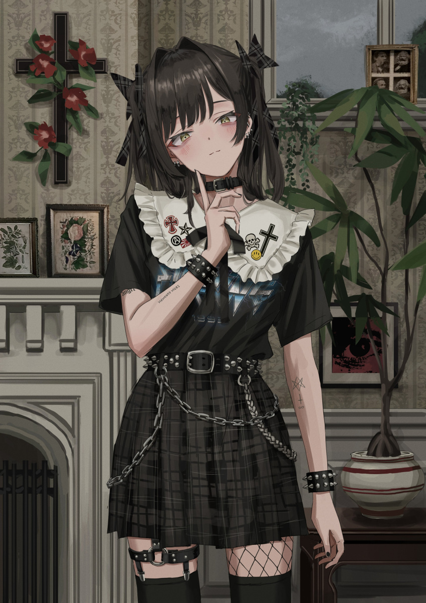 absurdres bad_id bad_twitter_id badge belt belt_collar black_belt black_bow black_ribbon black_shirt black_skirt black_thighhighs body_writing bow bracelet brown_hair closed_mouth collar communism cowboy_shot cross female finger_to_own_chin flower friedrich_engels gishiki_(gshk) hairbow hand_up head_tilt highres index_finger_raised indoors inverted_cross jewelry karl_marx latin_cross light_smile looking_at_viewer miniskirt neck_ribbon o-ring original plant pleated_skirt potted_plant punk punk_lolita red_flower ribbon shirt short_sleeves skirt smiley_face solo spiked_belt spiked_bracelet spikes standing thigh_strap thighhighs twintails