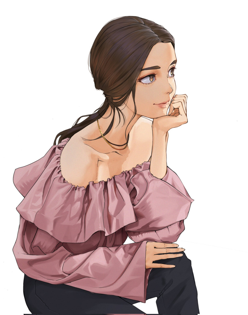 bare_shoulders black_pants brown_eyes brown_hair closed_mouth collarbone female forehead gold_necklace hand_up head_rest highres jewelry long_hair looking_to_the_side low_ponytail necklace off-shoulder_shirt off_shoulder original pants pink_shirt shirt simple_background sleeves_past_wrists smile solo tbocart upper_body white_background