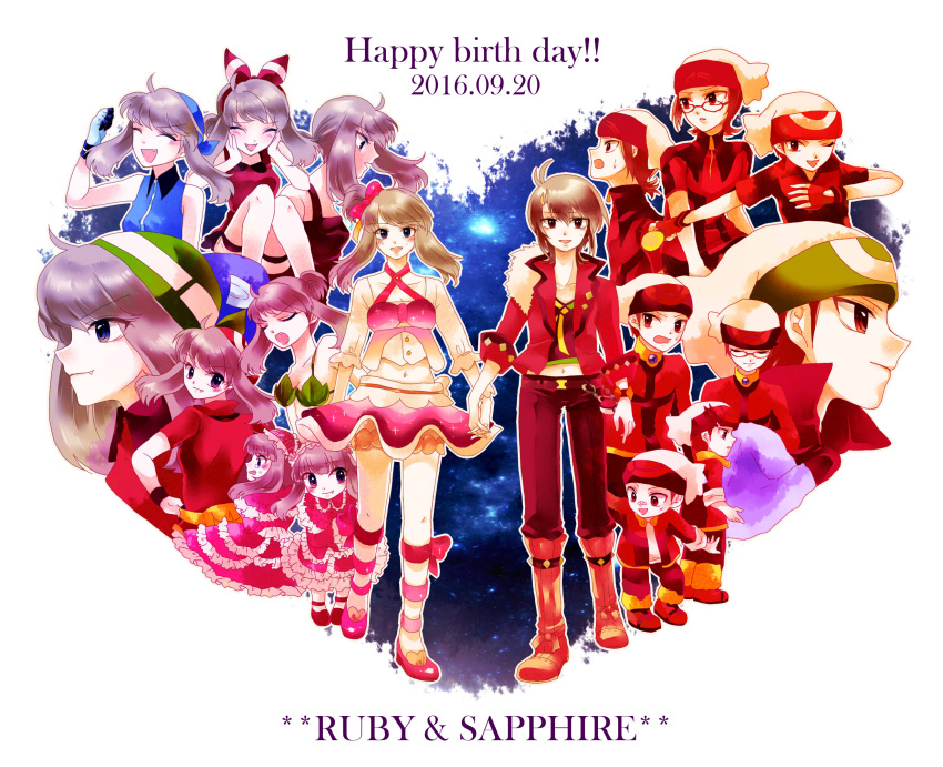 6+boys 6+girls :d ;d ^_^ aged_down bandaid bandaid_on_face bandana black_eyes black_hair blue_bandana blush boots breasts brendan_(pokemon) brown_hair character_name closed_eyes commentary_request couple dated dress glasses green_bandana hair_ribbon happy_birthday hat heart hibikileon highres lolicon long_sleeves looking_at_viewer may_(pokemon) medium_hair multiple_boys multiple_girls multiple_persona oerba_yun_fang one_eye_closed open_mouth photoshop_(medium) pink_dress pink_skirt pokemon pokemon_adventures purple_eyes red_bandana red_eyes red_ribbon red_shirt ribbon scar shirt shoes short_sleeves simple_background skirt small_breasts smile standing straight tied_hair twintails white_background white_headwear