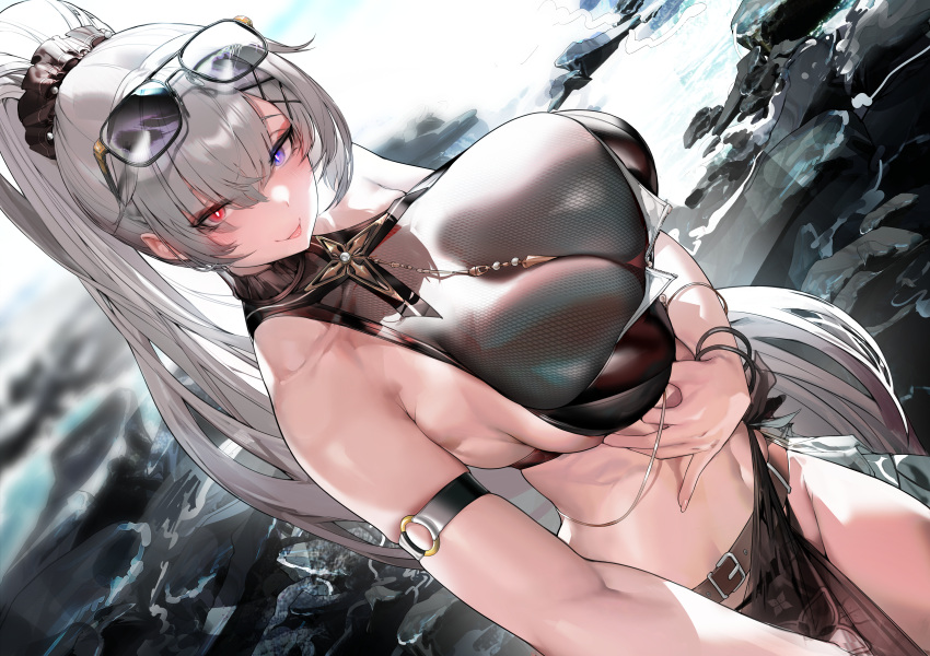 :p absurdres aether_gazer arm_strap arm_under_breasts bare_shoulders belt bikini black_bikini bracelet breasts bright_pupils brown_belt chinese_commentary cleavage closed_mouth collarbone commentary_request covered_collarbone cowboy_shot dutch_angle eyewear_on_head female fingernails grey_hair hair_between_eyes hair_ornament halterneck heterochromia high_ponytail highres jewelry kotachi_(aether_gazer) large_breasts long_fingernails long_hair looking_at_viewer multicolored_eyes navel necklace o-ring pelvic_curtain ponytail purple_eyes red_eyes sarong skindentation slit_pupils solo standing sunglasses swimsuit tongue tongue_out very_long_hair white_pupils x_hair_ornament xiaoluo_xl