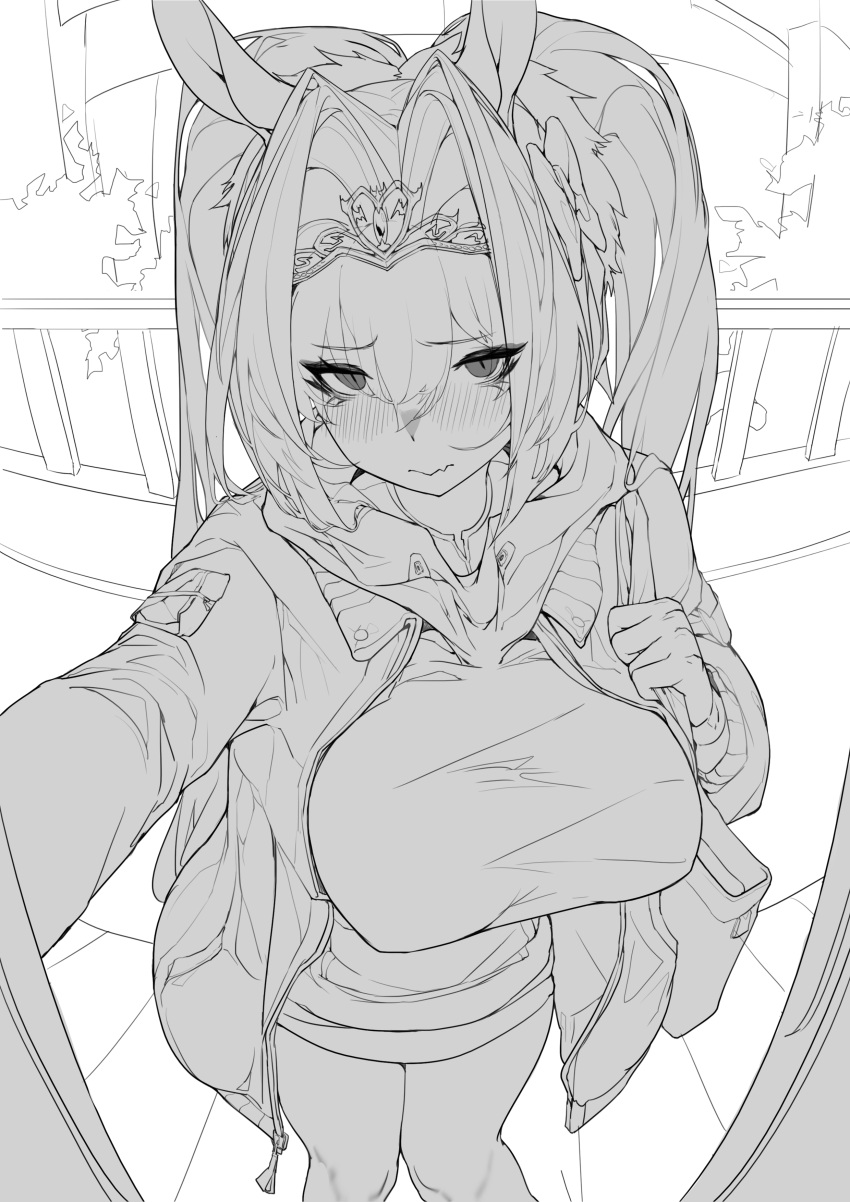 absurdres animal_ears bad_id bad_pixiv_id bag blush breasts closed_mouth daiwa_scarlet_(umamusume) doorway fang_out female greyscale hair_between_eyes hair_intakes highres hood hood_down hoodie horse_ears horse_girl jacket large_breasts long_hair long_sleeves looking_at_viewer monochrome oerba_yun_fang open_clothes open_jacket outstretched_arm pov_doorway shoulder_bag simple_background skin_fang solo standing tiara translation_request twintails umamusume white_background xiaoluo_xl