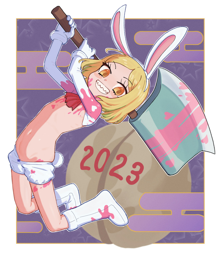 2023 alternate_costume animal_ears ascot axe blonde_hair boots doka_yuki_(tsumorisugi) egasumi fake_animal_ears fake_tail fate/grand_order fate_(series) female flat_chest full_body grin heart highres holding holding_axe looking_at_viewer meme_attire moon navel orange_eyes paul_bunyan_(fate) paul_bunyan_(festival_outfit)_(fate) rabbit_ears rabbit_tail reverse_bunnysuit reverse_outfit sharp_teeth short_hair smile solo tail teeth