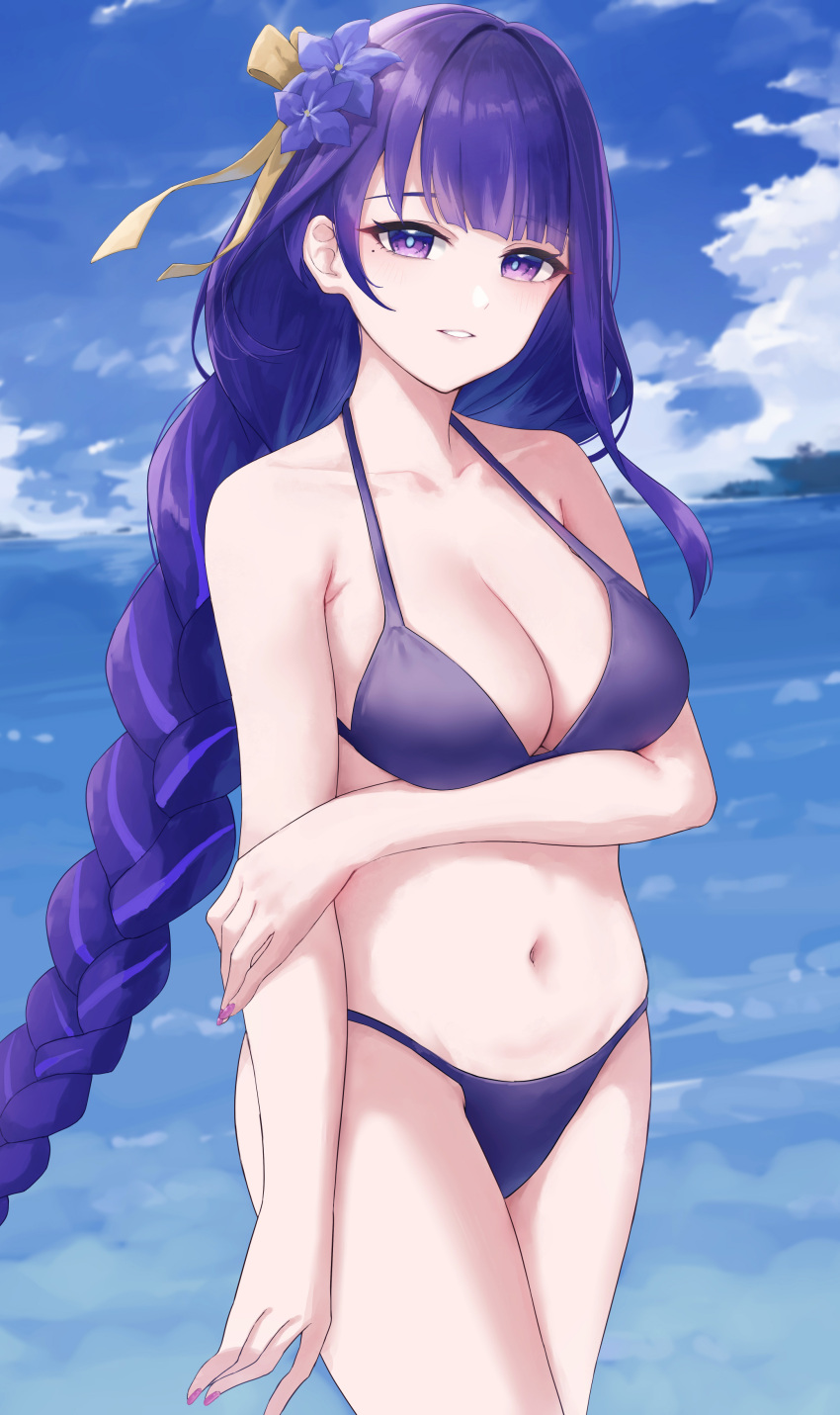 absurdres bare_arms bare_shoulders bikini blue_flower blue_sky breasts cleavage cloud commentary_request cowboy_shot day female flower genshin_impact hair_flower hair_ornament hal_aluha highres long_braid long_hair looking_at_viewer navel ocean parted_lips purple_bikini purple_eyes purple_hair raiden_shogun sky solo standing stomach swimsuit thighs very_long_hair water