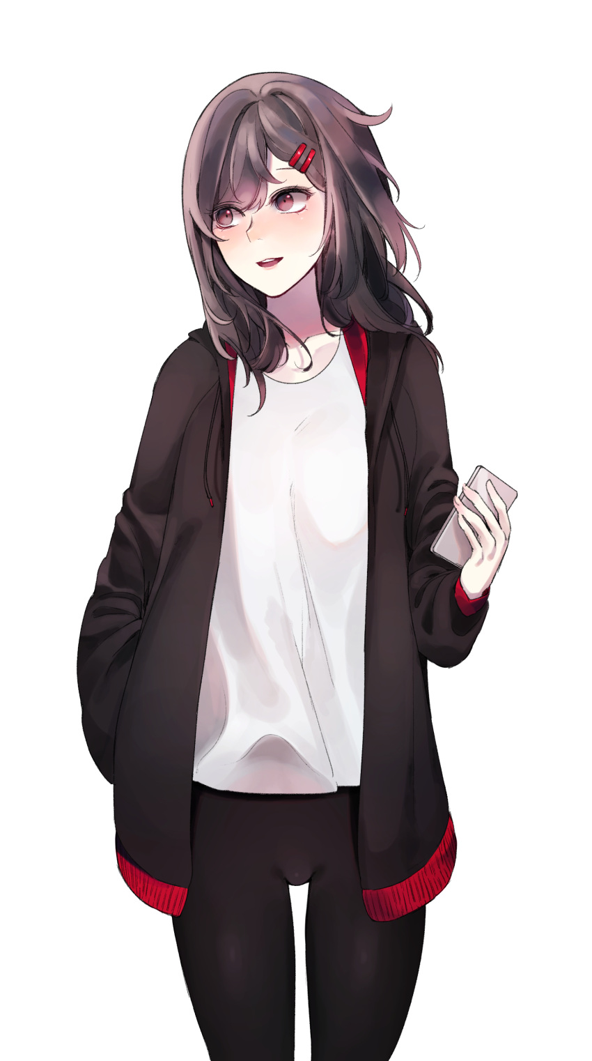 absurdres alternate_costume black_jacket black_pantyhose blush brown_eyes brown_hair casual cellphone collarbone commentary cowboy_shot drawstring female hair_ornament hair_over_shoulder hairclip hand_in_pocket highres holding holding_phone hood hood_down hooded_jacket jacket kagerou_project looking_to_the_side mekakucity_actors multicolored_clothes multicolored_jacket no_scarf open_clothes open_jacket open_mouth pantyhose phone rax_(pixiv_47057609) red_jacket shirt simple_background solo swept_bangs t-shirt tateyama_ayano teeth two-tone_jacket upper_teeth_only white_background white_shirt