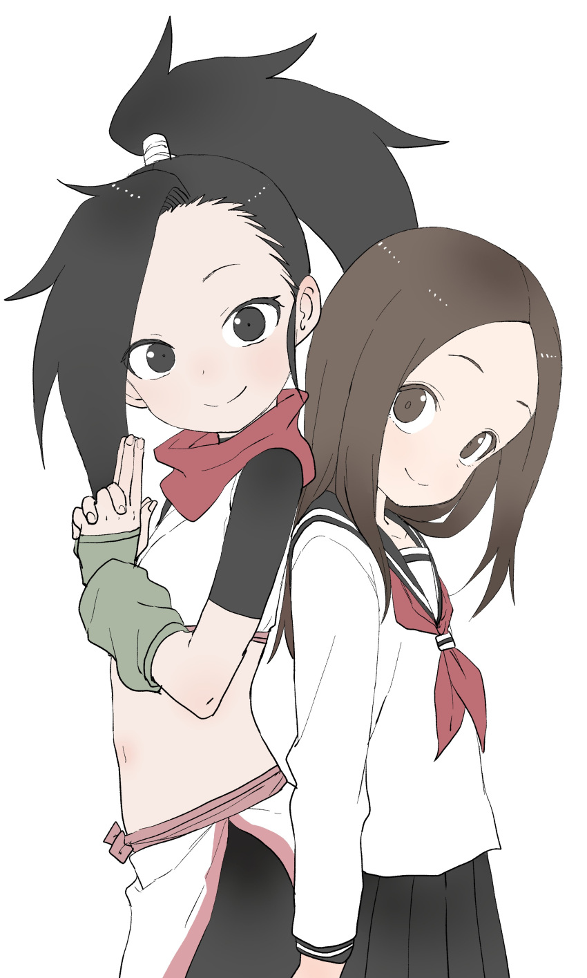 2girls absurdres back-to-back black_eyes black_hair black_sailor_collar black_shirt black_skirt blush brown_eyes brown_hair closed_mouth commentary_request creator_connection crop_top forehead high_ponytail highres karakai_jouzu_no_takagi-san kuji-in kunoichi_tsubaki_no_mune_no_uchi long_hair long_sleeves looking_at_viewer looking_to_the_side midriff multiple_girls navel neckerchief official_art parted_bangs pleated_skirt ponytail red_neckerchief sailor_collar shirt short_sleeves skirt smile takagi-san tsubaki_(kunoichi_tsubaki_no_mune_no_uchi) white_shirt yamamoto_souichirou